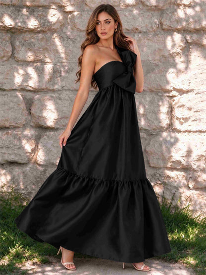 One Shoulder A-Line Satin Sleeveless Wedding Guest Dress with Bowknot
