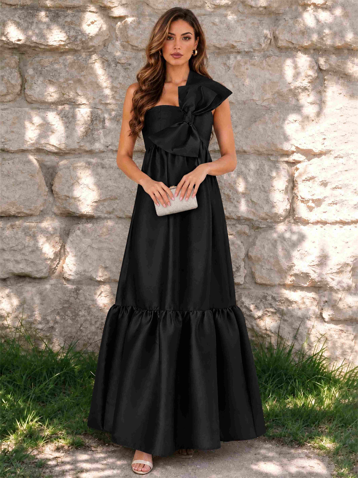 One Shoulder A-Line Satin Sleeveless Wedding Guest Dress with Bowknot