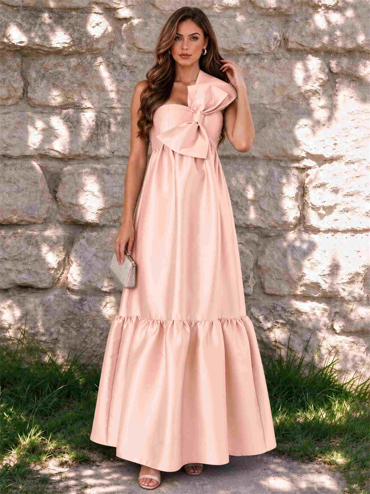 One Shoulder A-Line Satin Sleeveless Wedding Guest Dress with Bowknot