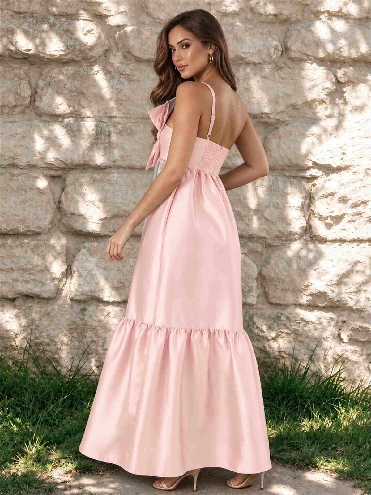One Shoulder A-Line Satin Sleeveless Wedding Guest Dress with Bowknot