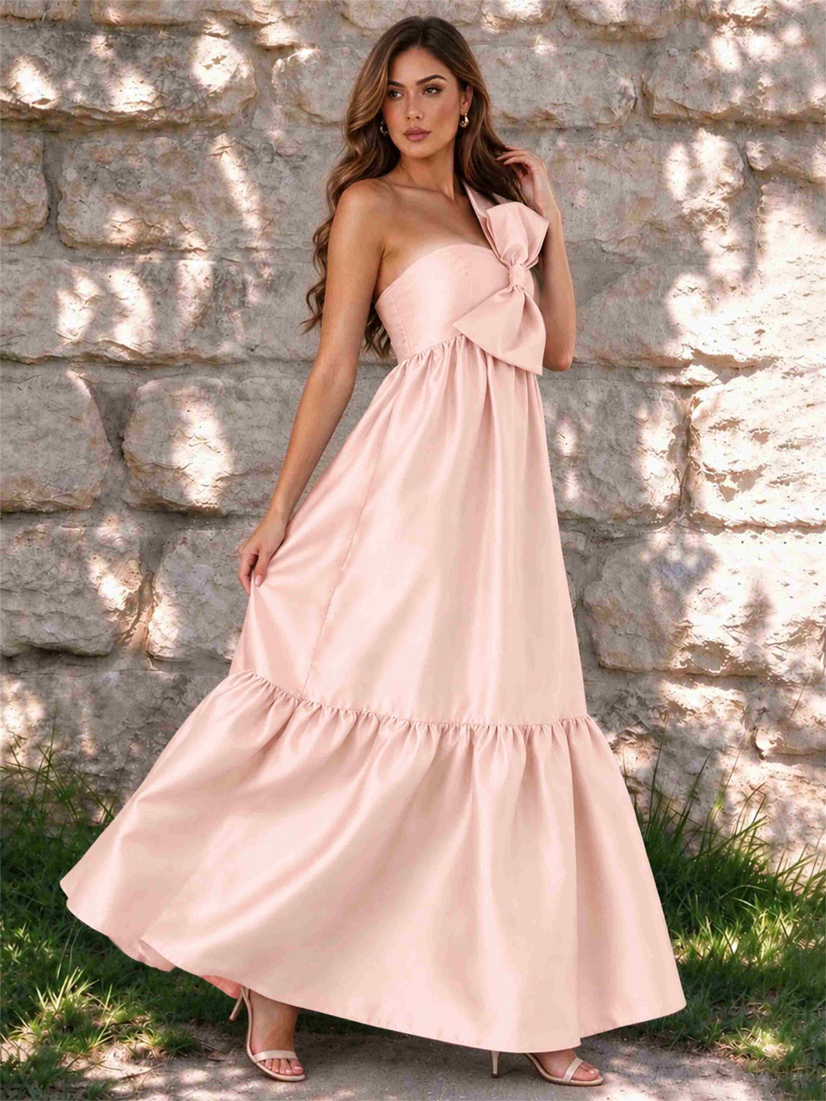 One Shoulder A-Line Satin Sleeveless Wedding Guest Dress with Bowknot