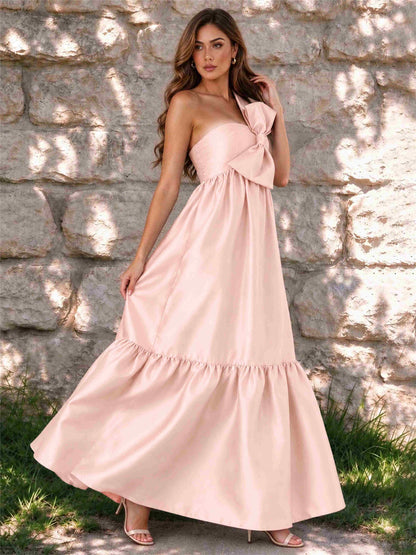 One Shoulder A-Line Satin Sleeveless Wedding Guest Dress with Bowknot