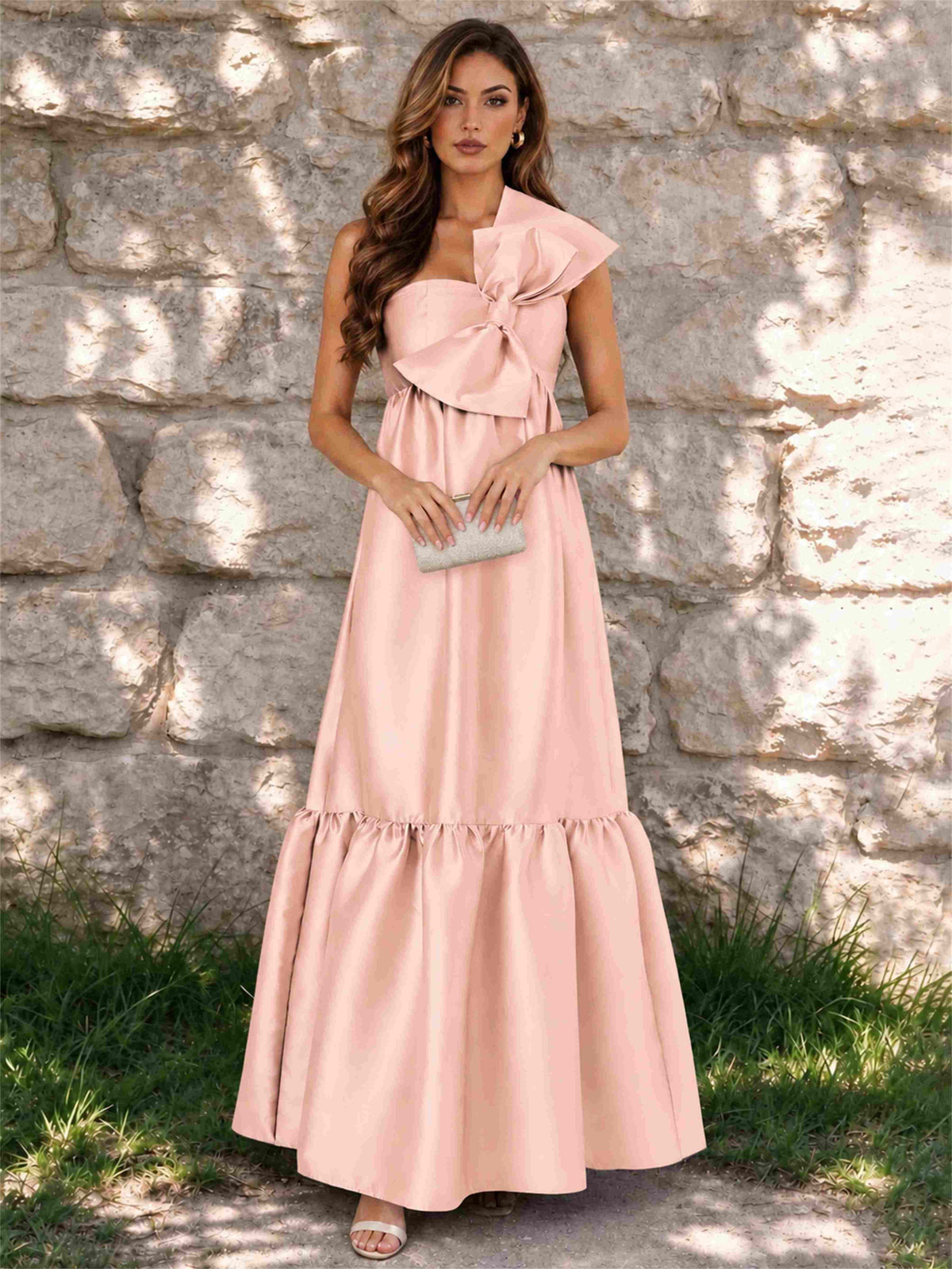 One Shoulder A-Line Satin Sleeveless Wedding Guest Dress with Bowknot