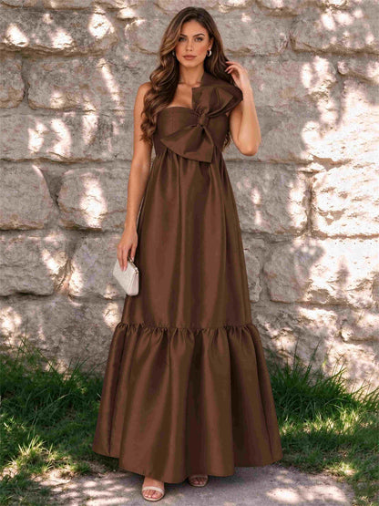 One Shoulder A-Line Satin Sleeveless Wedding Guest Dress with Bowknot