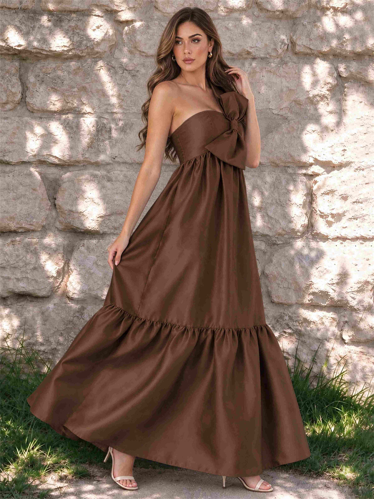 One Shoulder A-Line Satin Sleeveless Wedding Guest Dress with Bowknot