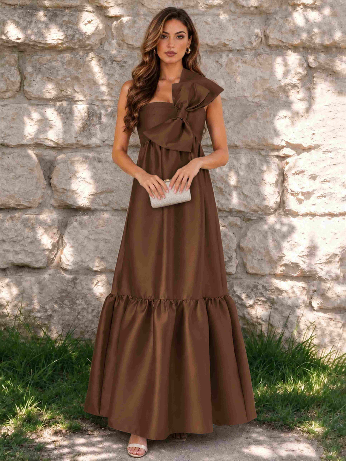 One Shoulder A-Line Satin Sleeveless Wedding Guest Dress with Bowknot