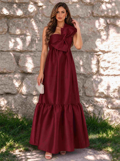 One Shoulder A-Line Satin Sleeveless Wedding Guest Dress with Bowknot