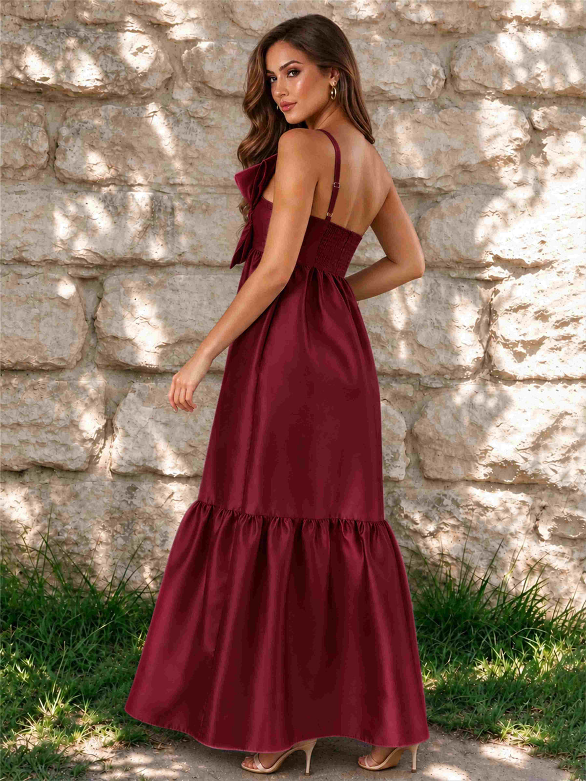 One Shoulder A-Line Satin Sleeveless Wedding Guest Dress with Bowknot