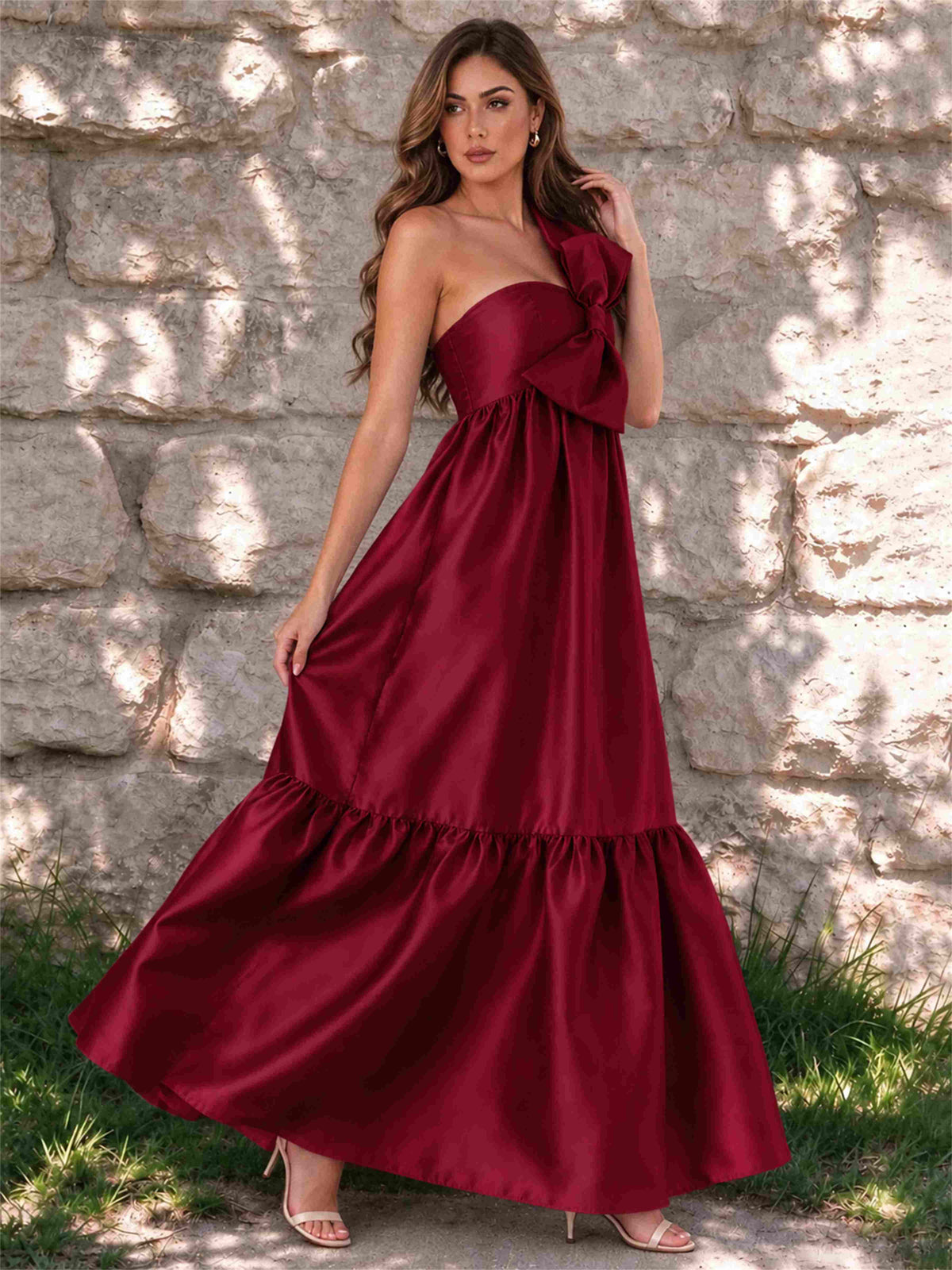 One Shoulder A-Line Satin Sleeveless Wedding Guest Dress with Bowknot