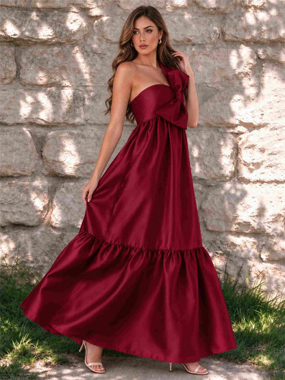 One Shoulder A-Line Satin Sleeveless Wedding Guest Dress with Bowknot