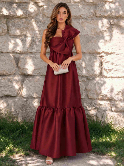 One Shoulder A-Line Satin Sleeveless Wedding Guest Dress with Bowknot
