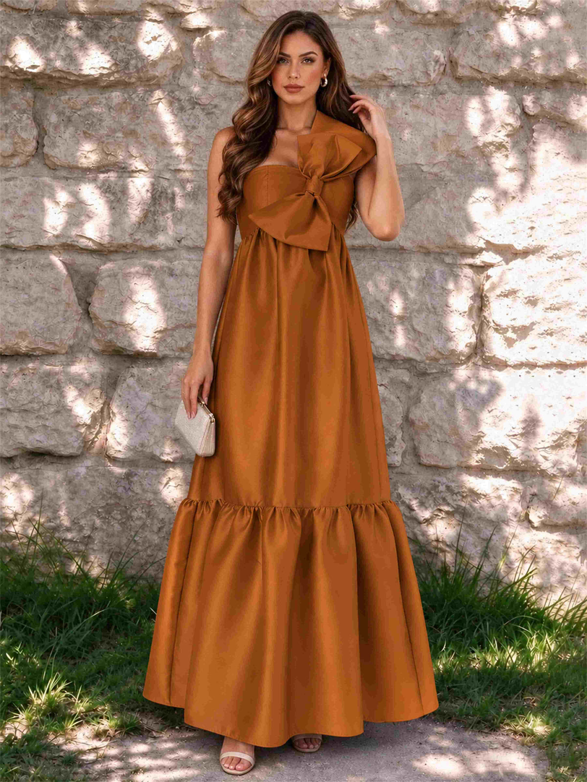 One Shoulder A-Line Satin Sleeveless Wedding Guest Dress with Bowknot