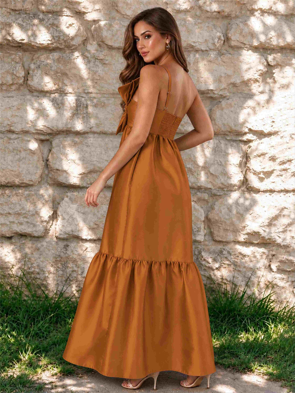 One Shoulder A-Line Satin Sleeveless Wedding Guest Dress with Bowknot