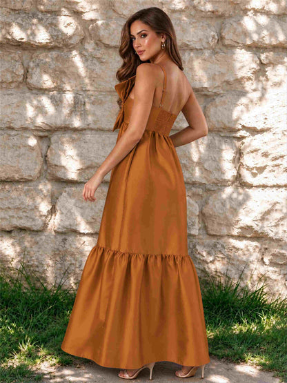 One Shoulder A-Line Satin Sleeveless Wedding Guest Dress with Bowknot