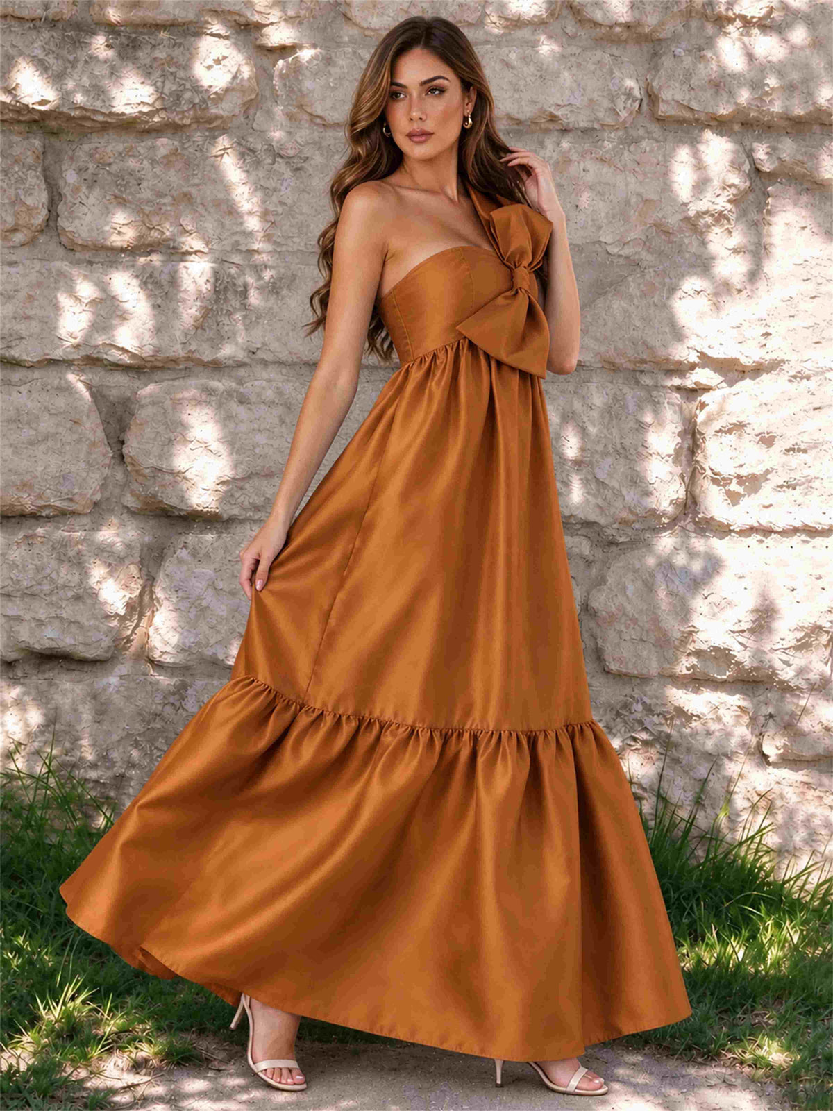 One Shoulder A-Line Satin Sleeveless Wedding Guest Dress with Bowknot