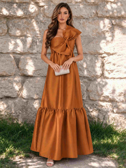 One Shoulder A-Line Satin Sleeveless Wedding Guest Dress with Bowknot