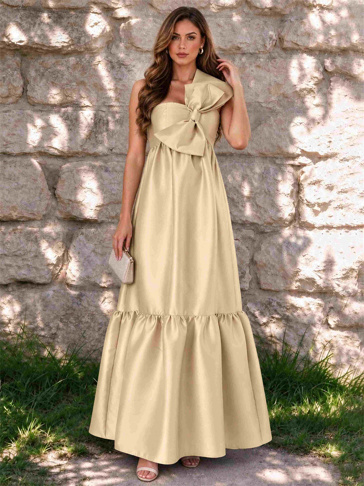 One Shoulder A-Line Satin Sleeveless Wedding Guest Dress with Bowknot