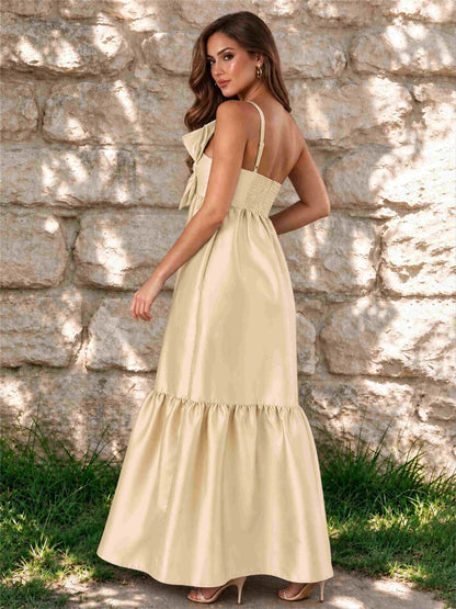 One Shoulder A-Line Satin Sleeveless Wedding Guest Dress with Bowknot