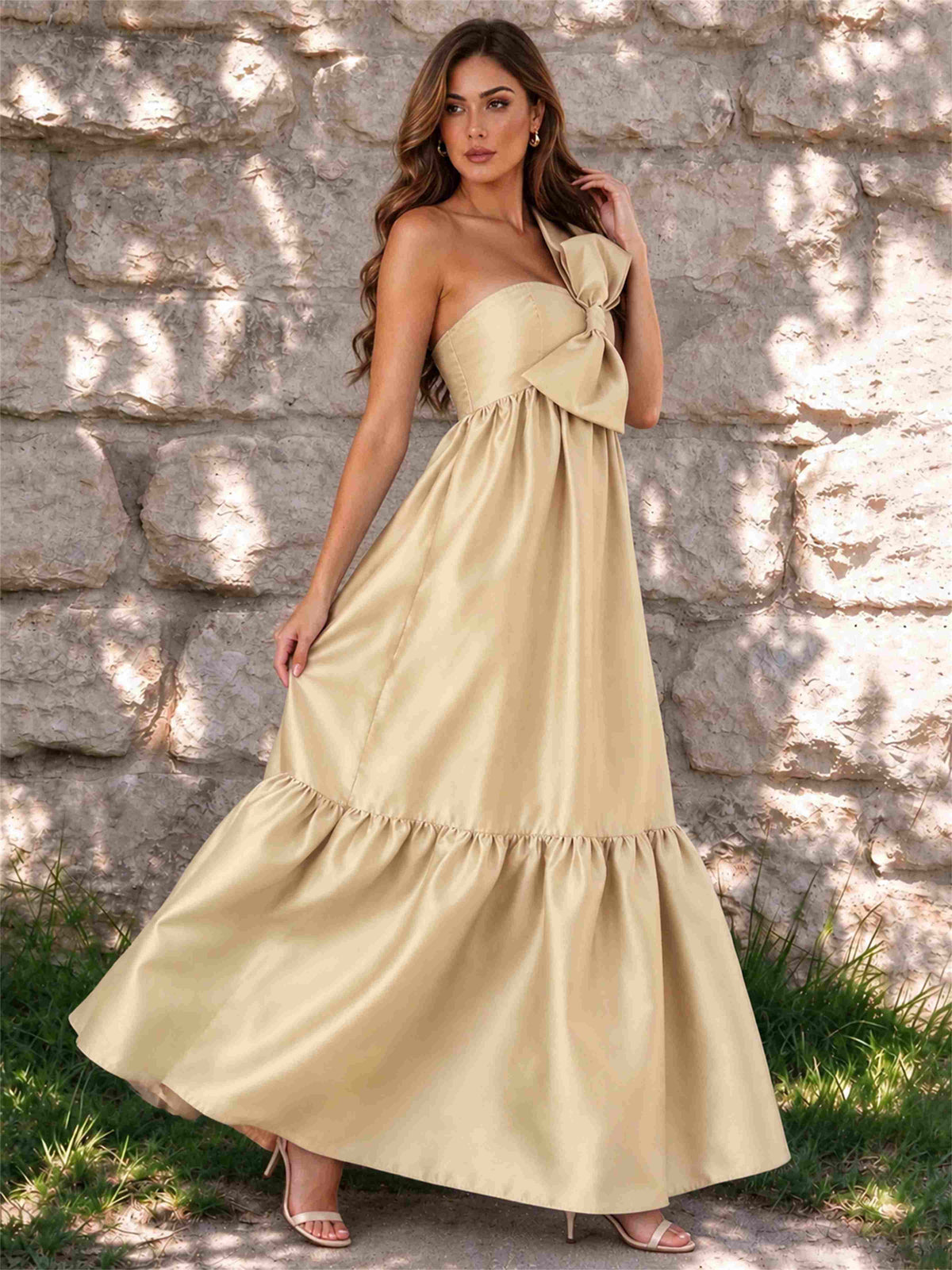 One Shoulder A-Line Satin Sleeveless Wedding Guest Dress with Bowknot
