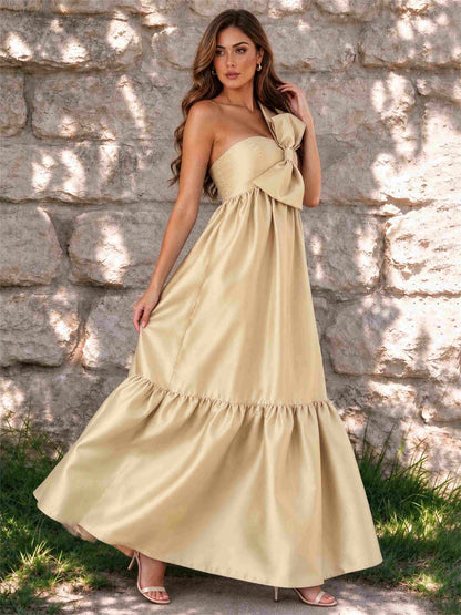 One Shoulder A-Line Satin Sleeveless Wedding Guest Dress with Bowknot