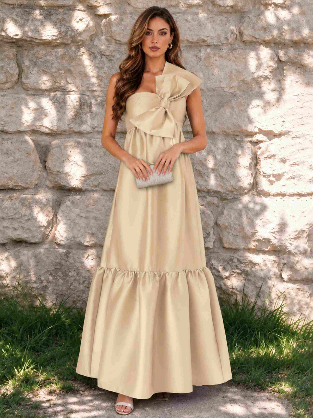 One Shoulder A-Line Satin Sleeveless Wedding Guest Dress with Bowknot
