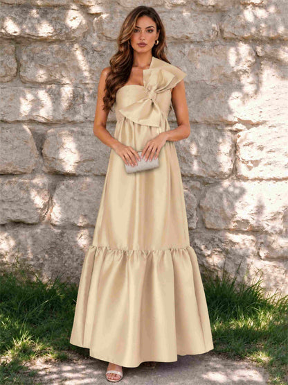 One Shoulder A-Line Satin Sleeveless Wedding Guest Dress with Bowknot