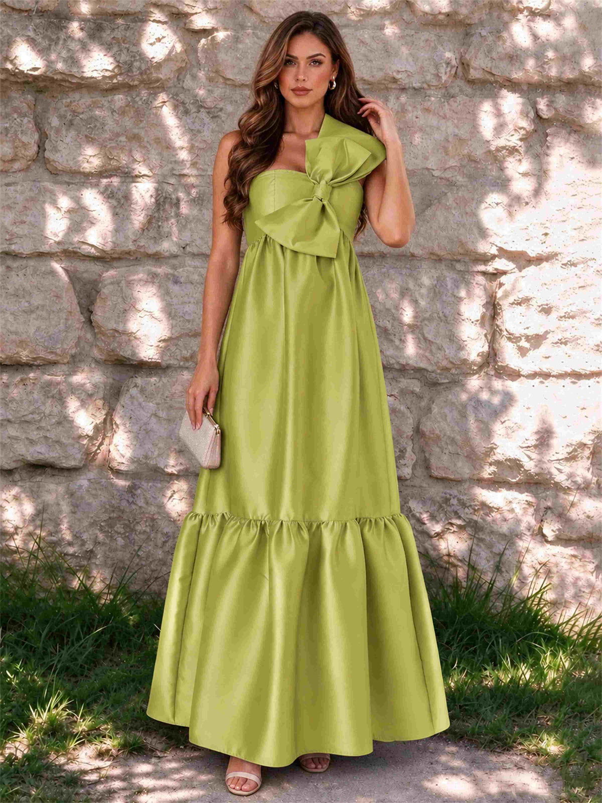 One Shoulder A-Line Satin Sleeveless Wedding Guest Dress with Bowknot