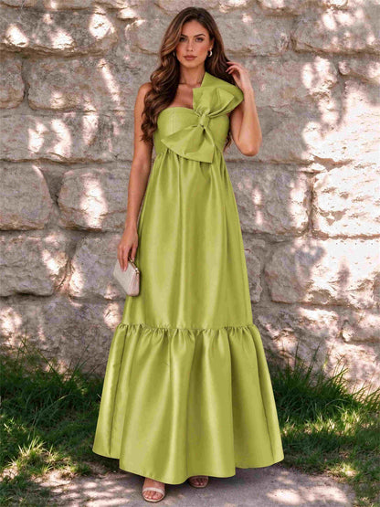 One Shoulder A-Line Satin Sleeveless Wedding Guest Dress with Bowknot