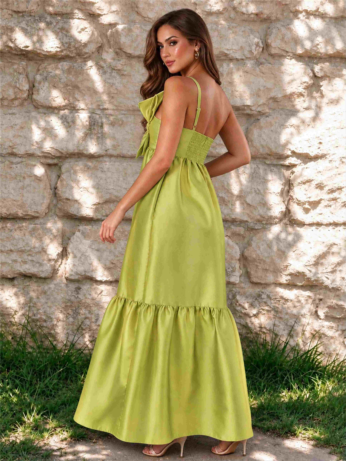 One Shoulder A-Line Satin Sleeveless Wedding Guest Dress with Bowknot