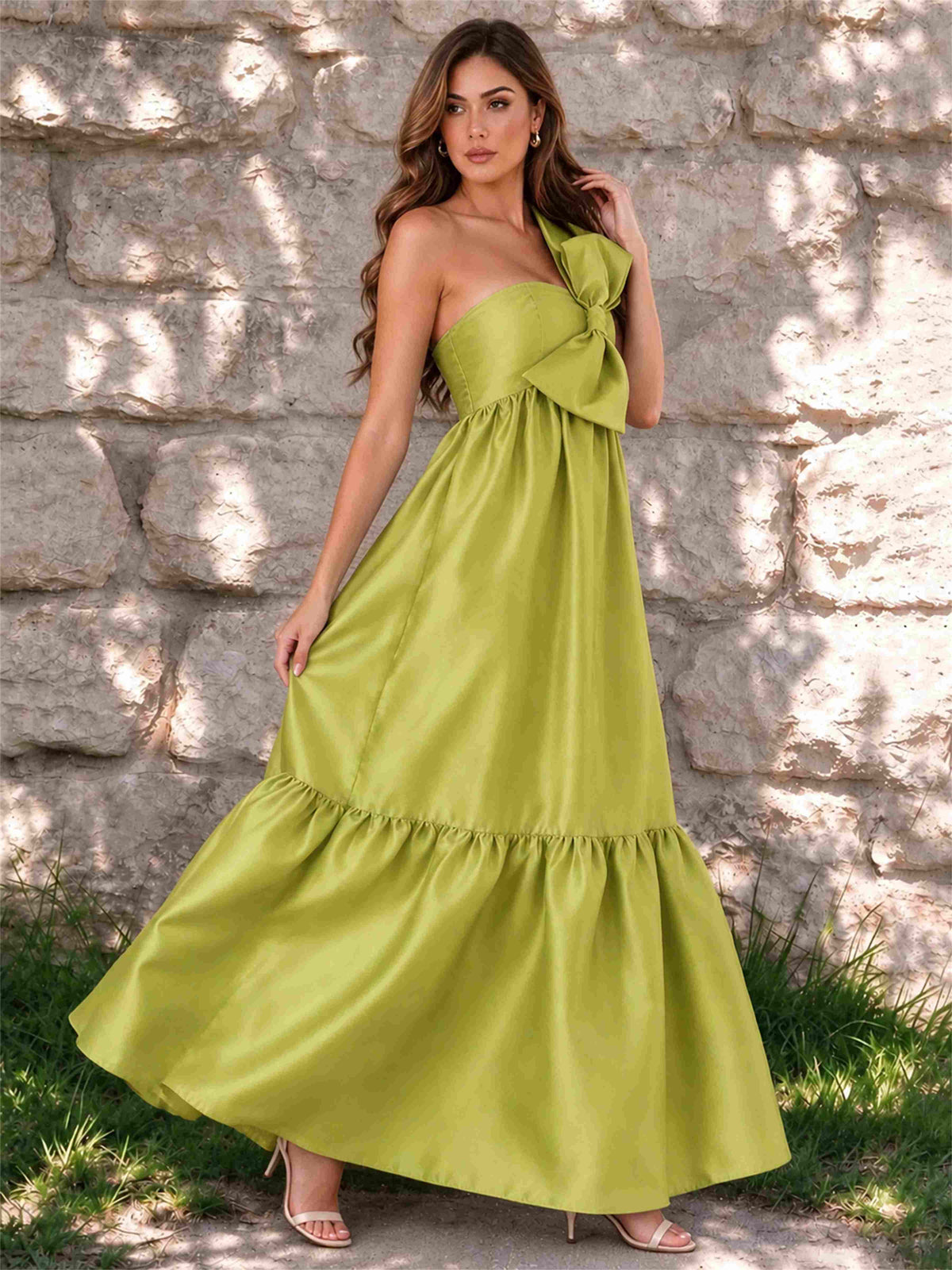One Shoulder A-Line Satin Sleeveless Wedding Guest Dress with Bowknot