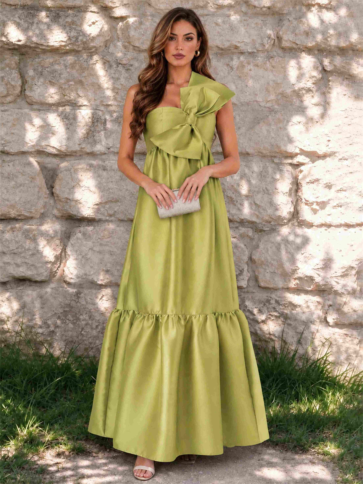 One Shoulder A-Line Satin Sleeveless Wedding Guest Dress with Bowknot