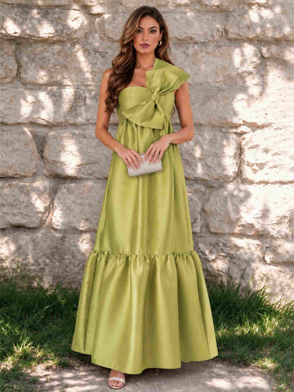 One Shoulder A-Line Satin Sleeveless Wedding Guest Dress with Bowknot