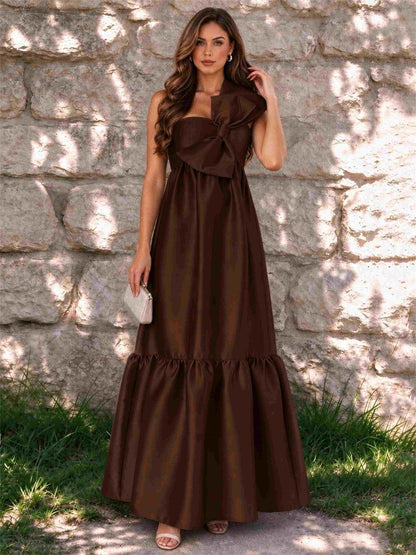 One Shoulder A-Line Satin Sleeveless Wedding Guest Dress with Bowknot