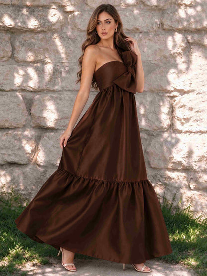 One Shoulder A-Line Satin Sleeveless Wedding Guest Dress with Bowknot