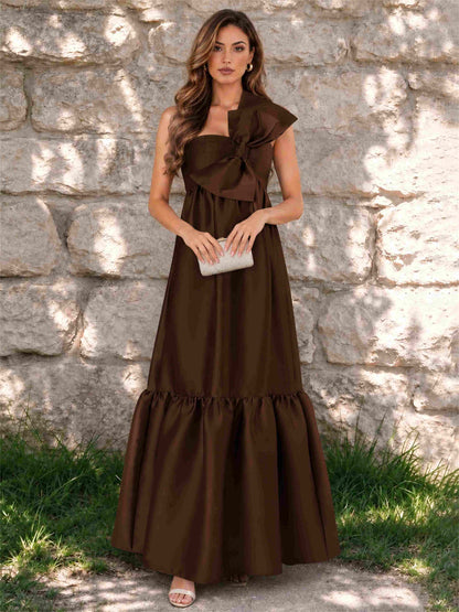 One Shoulder A-Line Satin Sleeveless Wedding Guest Dress with Bowknot
