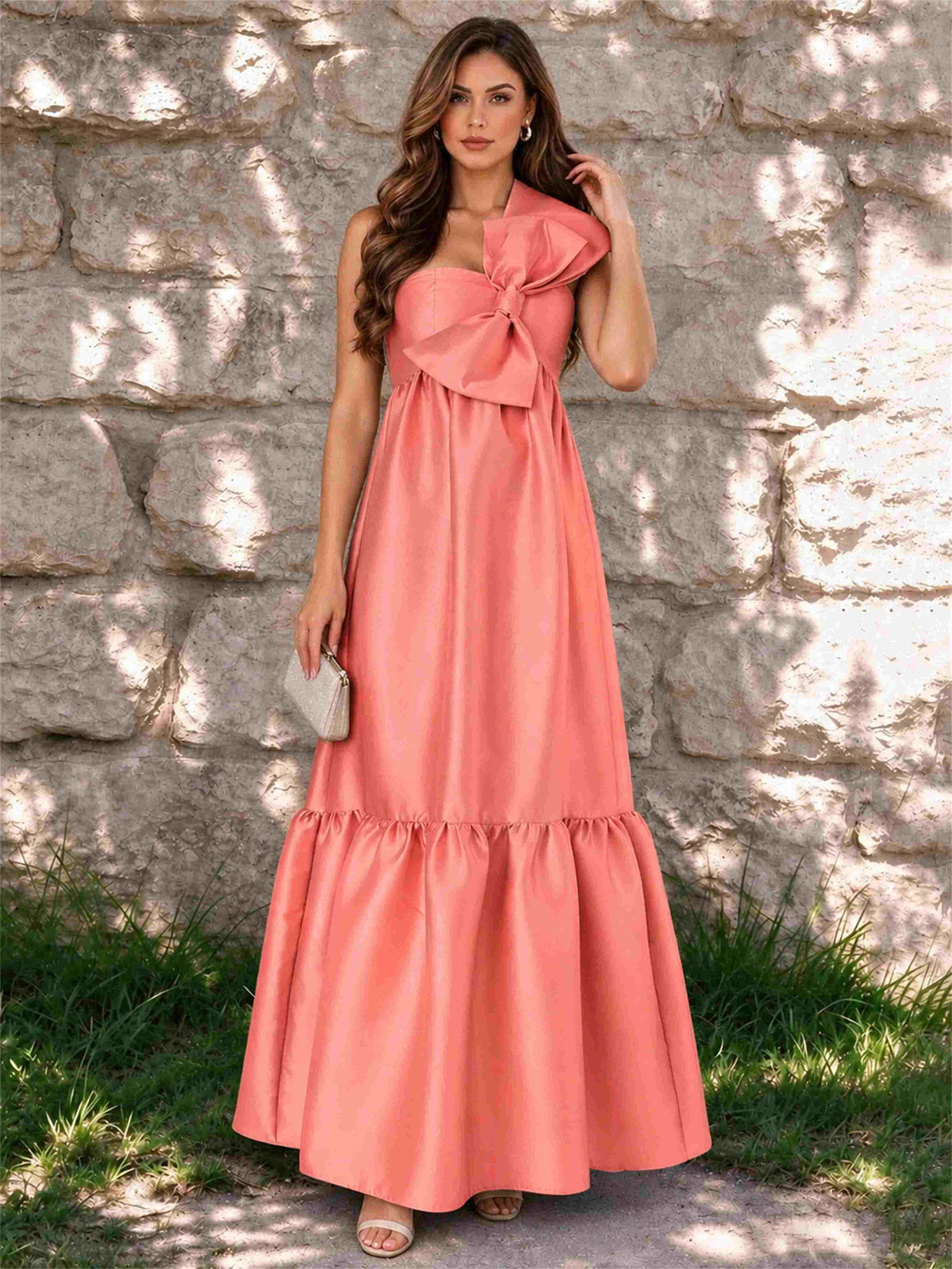 One Shoulder A-Line Satin Sleeveless Wedding Guest Dress with Bowknot