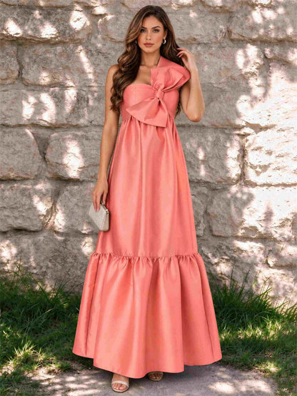 One Shoulder A-Line Satin Sleeveless Wedding Guest Dress with Bowknot