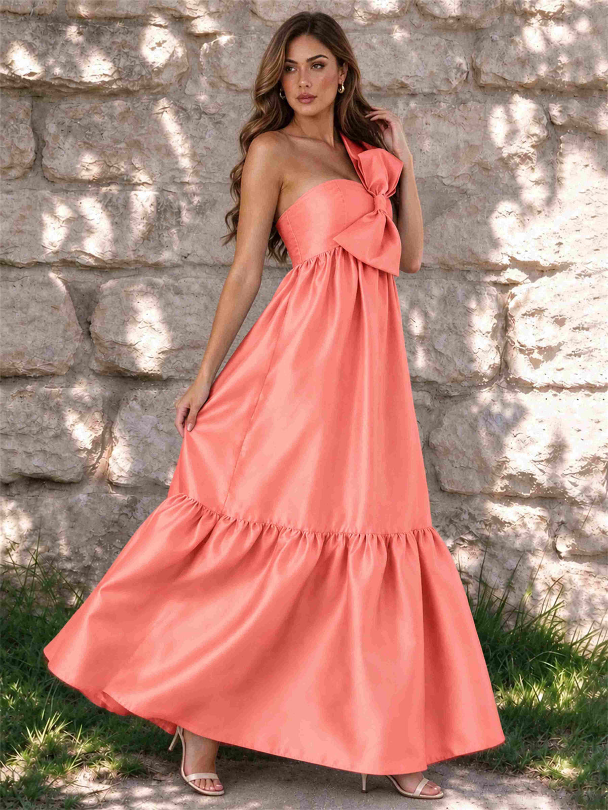 One Shoulder A-Line Satin Sleeveless Wedding Guest Dress with Bowknot
