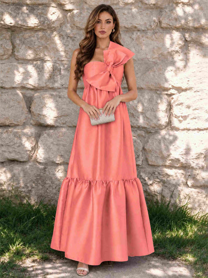 One Shoulder A-Line Satin Sleeveless Wedding Guest Dress with Bowknot