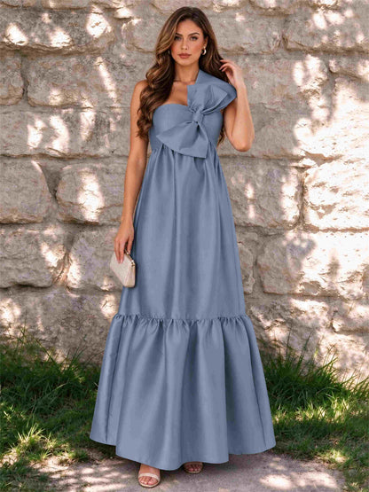 One Shoulder A-Line Satin Sleeveless Wedding Guest Dress with Bowknot