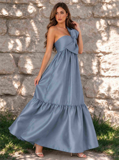 One Shoulder A-Line Satin Sleeveless Wedding Guest Dress with Bowknot