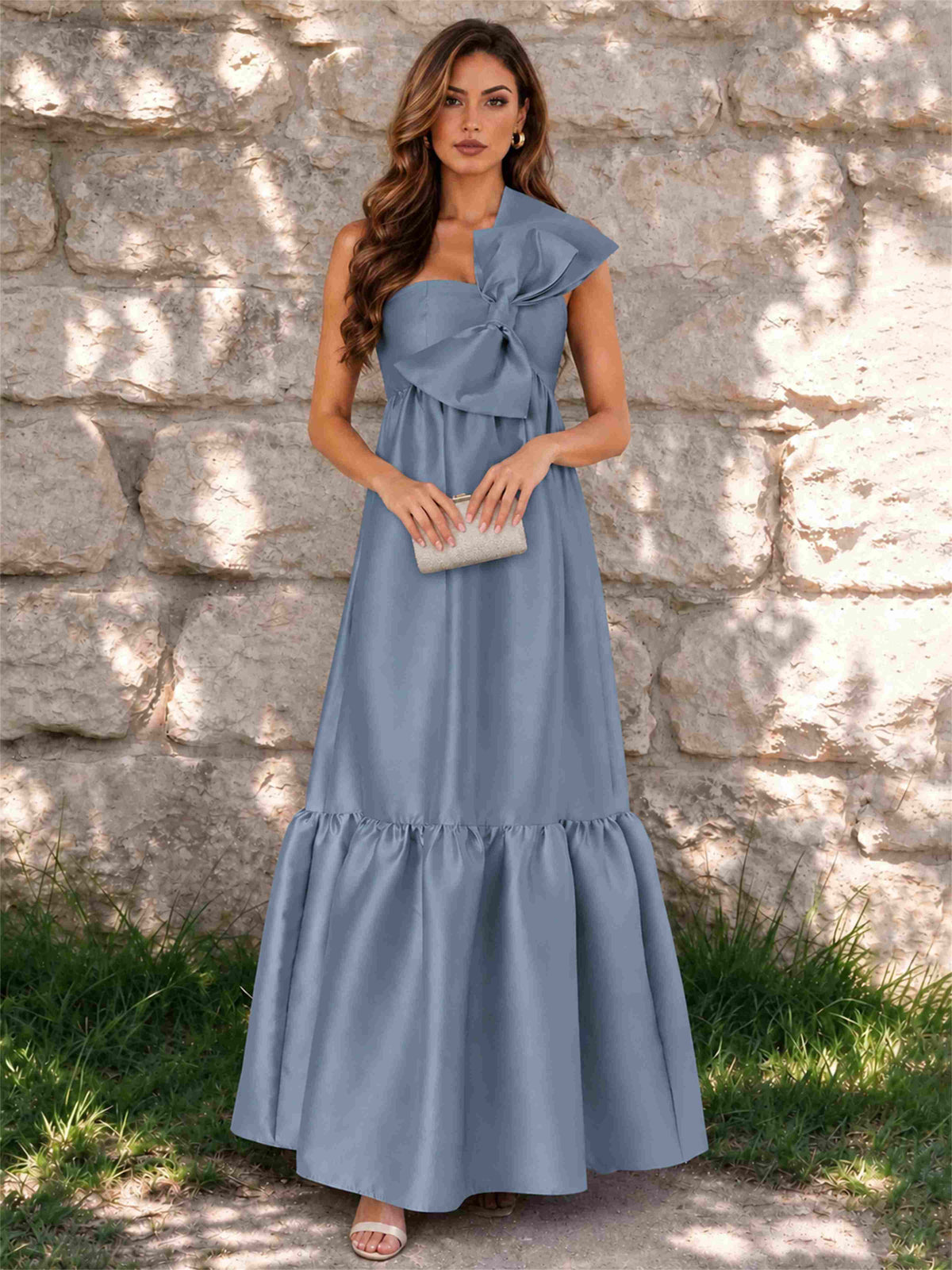 One Shoulder A-Line Satin Sleeveless Wedding Guest Dress with Bowknot