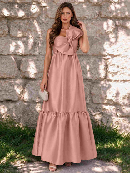 One Shoulder A-Line Satin Sleeveless Wedding Guest Dress with Bowknot