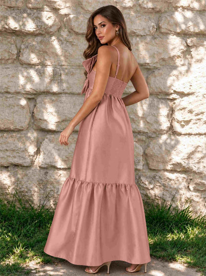 One Shoulder A-Line Satin Sleeveless Wedding Guest Dress with Bowknot
