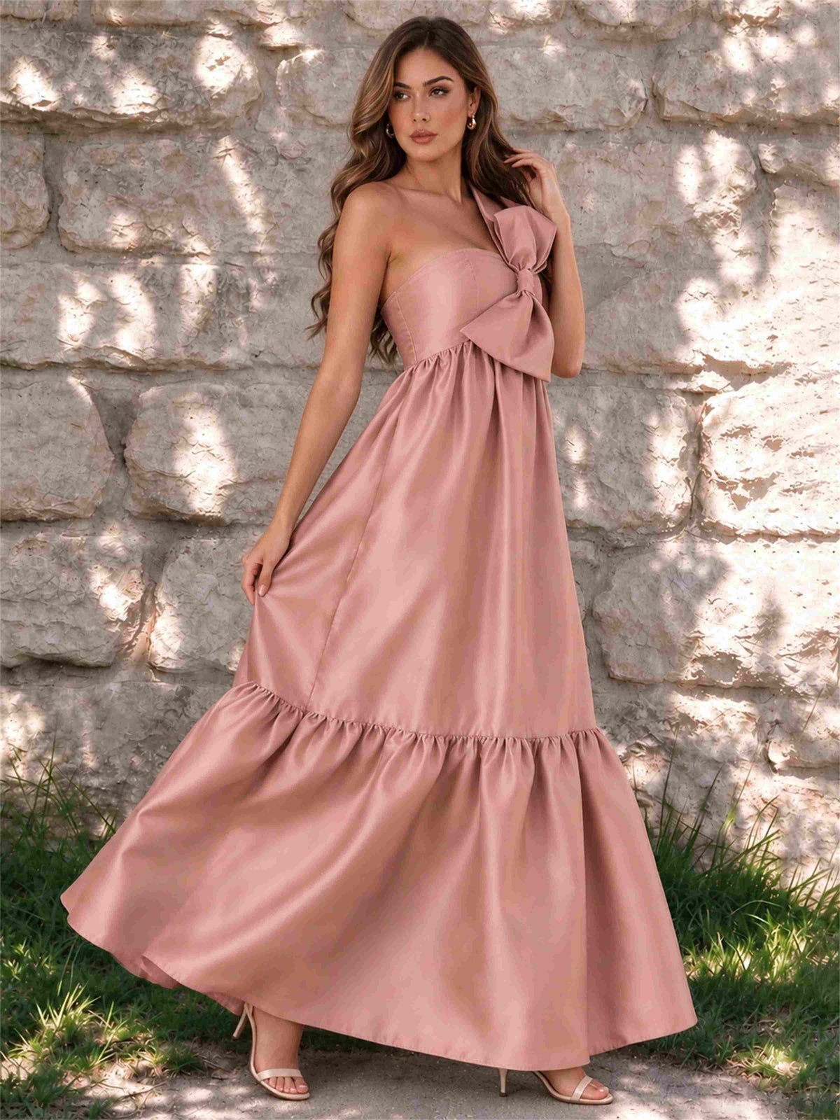 One Shoulder A-Line Satin Sleeveless Wedding Guest Dress with Bowknot