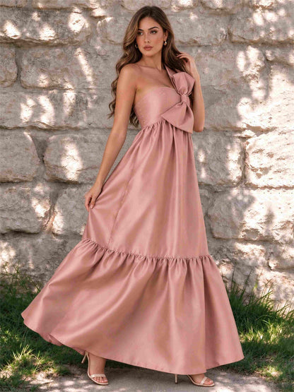 One Shoulder A-Line Satin Sleeveless Wedding Guest Dress with Bowknot