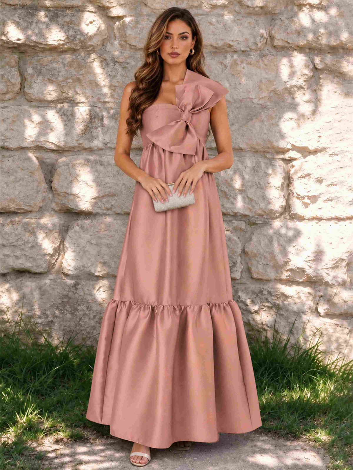 One Shoulder A-Line Satin Sleeveless Wedding Guest Dress with Bowknot