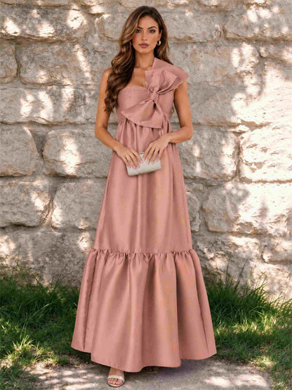 One Shoulder A-Line Satin Sleeveless Wedding Guest Dress with Bowknot