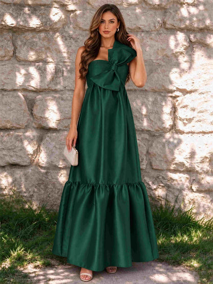 One Shoulder A-Line Satin Sleeveless Wedding Guest Dress with Bowknot