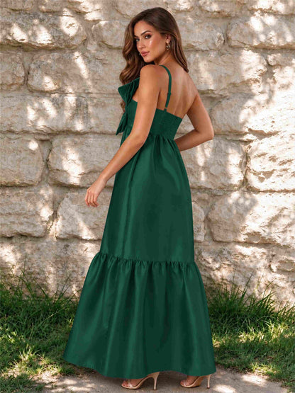 One Shoulder A-Line Satin Sleeveless Wedding Guest Dress with Bowknot